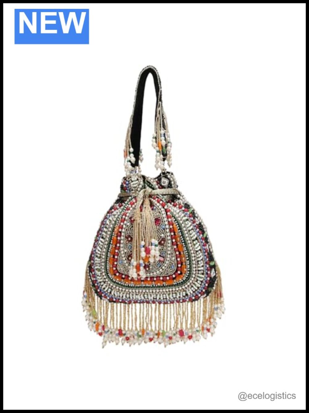 Beaded Potli Bag with Pearl Fringe Drawstring Wristlet Wedding Evening Clutch